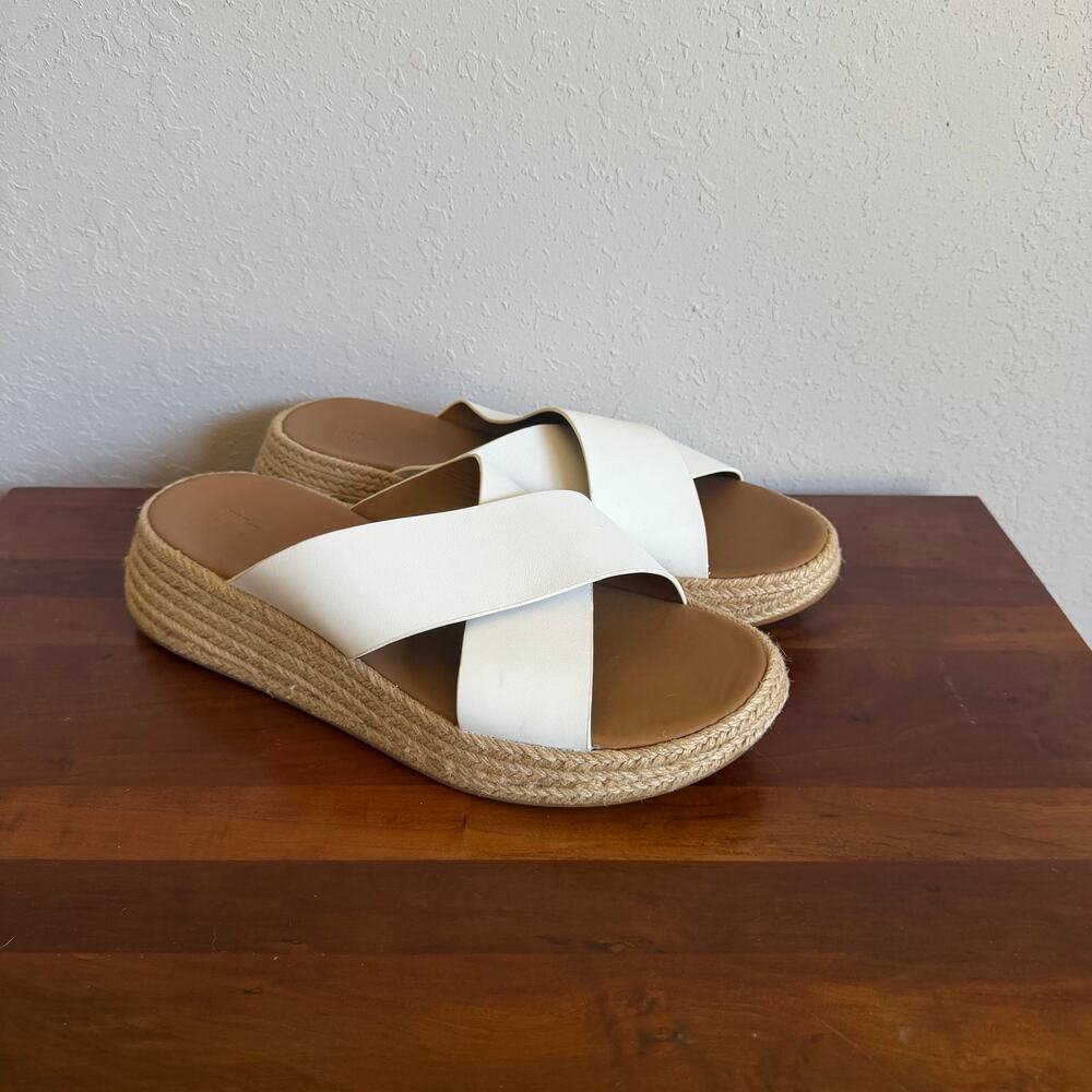FitFlop F-Mode Espadrille White Leather Flatform Cross Slide Sandal Womens 10